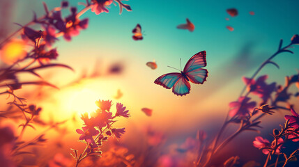 Macro of beautiful butterfly flying near flowers in spring at sunrise on light background