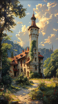 omanticism painting of an abandonded castle overgrown with vegetation in a geocore landscape