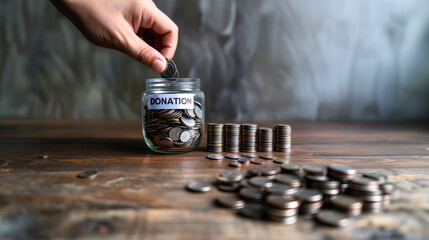 Un bocal en verre étiqueté "donation" rempli de pièces de monnaie avec une main mettant des pièces dedans.
