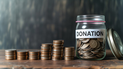 Un bocal en verre étiqueté "donation" rempli de pièces de monnaie avec des piles de pièces à côté.