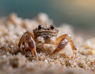 Fototapeta premium super tiny crab on the sand beach looking into camera