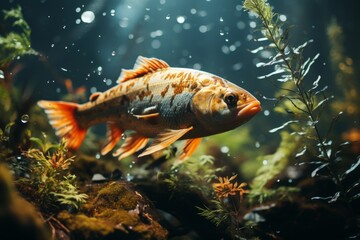 Beautiful golden river wild fish swim in the lake. Algae and plants at bottom of reservoir