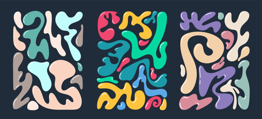 Liquid abstract organic blob shapes set. Trend wavy elements bubbles, drops in trendy y2k style. Template poster card template design bright streamlined shape. Childish colored vector illustrations.