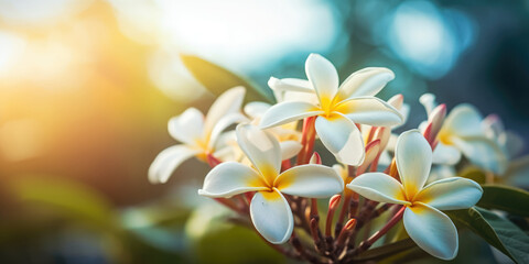 Frangipani Flowers Blooming in the Tropical Garden. White Plumeria Flowers, Close up. Beautiful floral background for greeting card and banner for Birthday, Woman's day, 8 march, Mother's day, Wedding