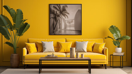 photo of a yellow sofa with yellow wall paint generative ai