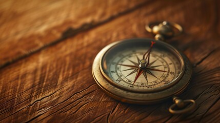 Fototapeta na wymiar Vintage Navigational Compass on Textured Wooden Surface with Warm Lighting