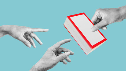 Studying, self-development. Share knowledge. Hand gives the book to other people. Concept of community, hobbies, knowledge , symbolism