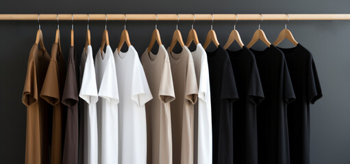 Men's t-shirts on hangers in a wardrobe.