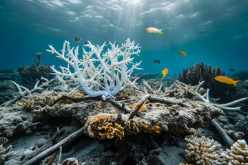 coral reef damaged by pollution. The coral is bleached and dying, and there are fish swimming around it