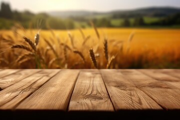 Fototapeta premium The empty wooden table top with blur background of wheat farm. Exuberant image. generative AI