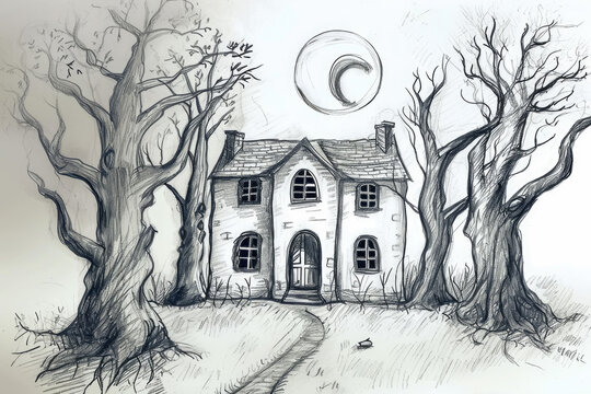 drawing of a house with windows and a door. Trees are growing around the house, and the sun is shining in the sky