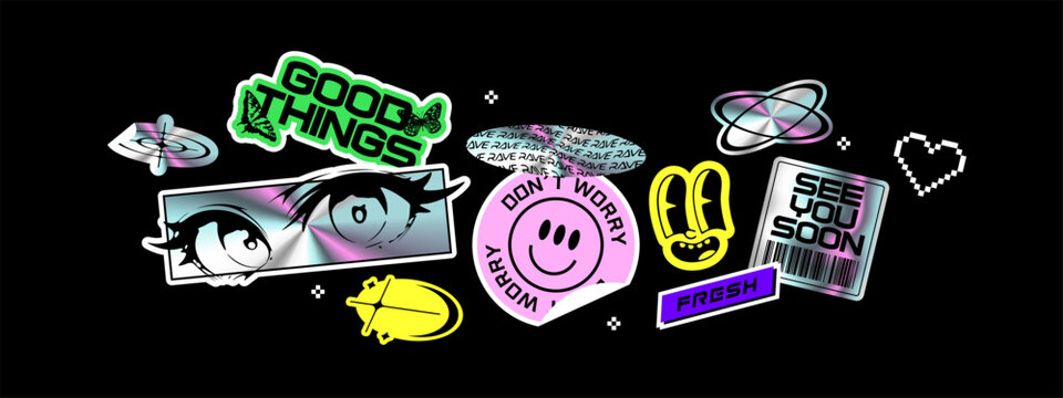 Naklejki Trendy holographic Y2K sticker illustration set. Retro 2000s text quote label collection. Iridescent metallic texture tag with love heart, anime  cartoon and party message. Gen z cyber style bundle.