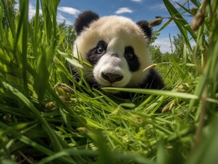 A baby panda sits in the green grass and looks at the camera. Fish-eye effect. Illustration for...