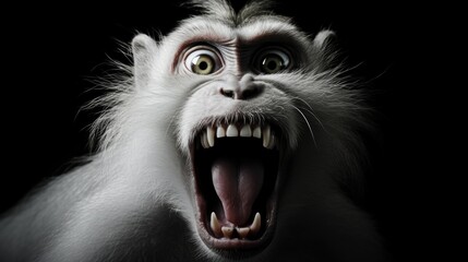 Close-up portrait of an angry wild monkey. Toothy macaque in monochrome style. Animal in habitat. Illustration for cover, card, postcard, interior design, banner, poster, brochure or presentation.