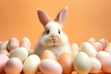 Easter bunny with eggs on a peach background. Easter Postcard. Peach Fuzz Color of the Year 2024
