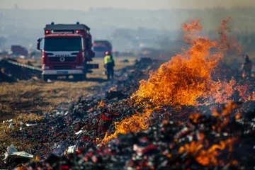 Poster landfill burning. The fire is out of control, and there are firefighters and trucks in the background © mila103