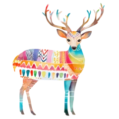 Fotobehang Intriguing watercolor artwork featuring a bohemian-inspired deer embellished with intricate geometric designs. © JewJew