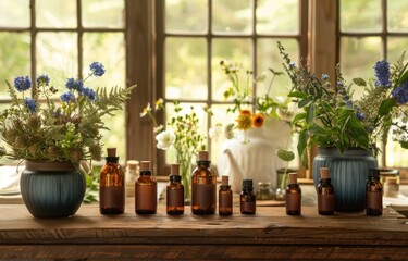 a table with various essential oils around it, brown and blue, naturalistic settings, floral, old timey, drugcore