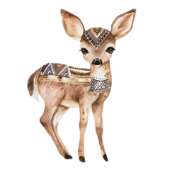 Fototapeten Intriguing watercolor artwork featuring a bohemian-inspired deer embellished with intricate geometric designs. © JewJew
