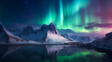 Fototapeta premium Northern Lights, Aurora Borealis, Snowy Mountains at Night