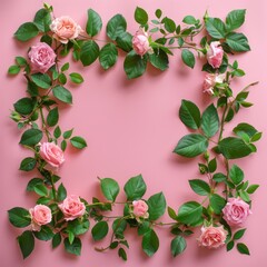 A banner featuring a frame crafted from rose flowers and green leaves against a pink backdrop.
