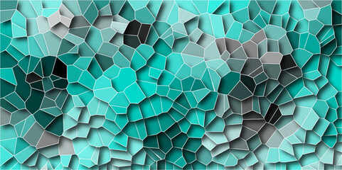 Abstract light Blue background with triangles. Green layout with white lines. Triangular texture with cracked rock. Artful decoration of stone cubes in architectural design.