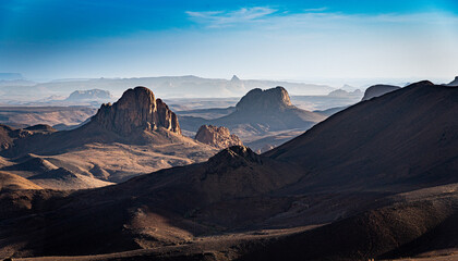 Hoggar landscape in the Sahara desert, Algeria. A view of the mountains and basalt organs that stand around the dirt road that leads to Assekrem. - 738857770