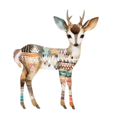 Zelfklevend Fotobehang Intriguing watercolor artwork featuring a bohemian-inspired deer embellished with intricate geometric designs. © JewJew