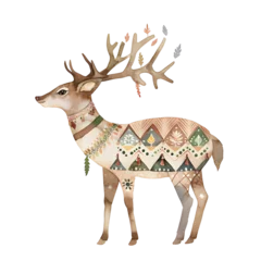 Foto op Plexiglas Intriguing watercolor artwork featuring a bohemian-inspired deer embellished with intricate geometric designs. © JewJew