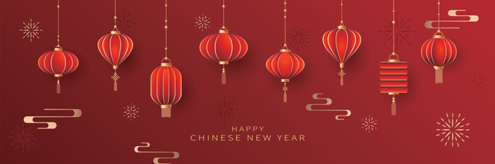 Naklejka premium Chinese new year greeting card with red lantern and plum blossom on red background. Translation: Lunar new year.