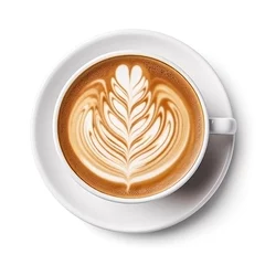 Poster Hot latte art in a white coffee cup isolated on a white background, top view. © inthasone
