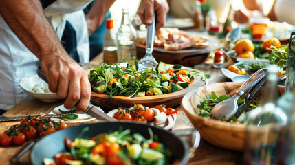 Obraz premium Hands serving a variety of fresh salads and dishes at a vibrant and healthy buffet-style meal.