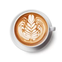  Hot latte art in a white coffee cup isolated on a white background, top view. © inthasone