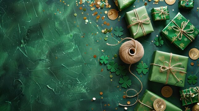 Saint Patrick's Day. A top-view image featuring leprechaun hat gift boxes, twine spool, gold coins,