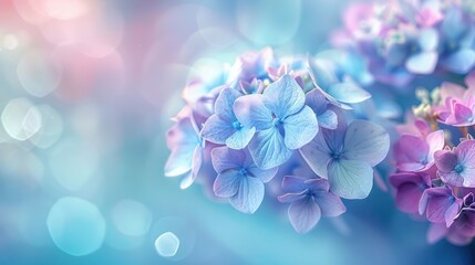 Soft Focus Floral Background with Hydrangea Flowers A delicate natural backdrop featuring pastel colors of light blue - obrazy, fototapety, plakaty