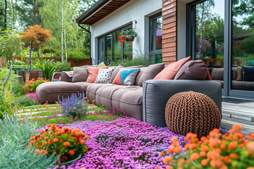 Harmony at Home: Inviting Blend of Indoor and Outdoor Living in a Tranquil Garden Oasis - obrazy, fototapety, plakaty