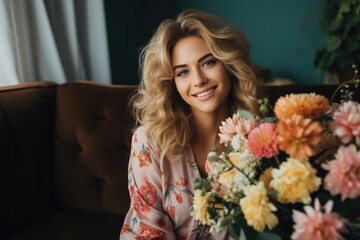 woman holding bouquet of flowers , sitting on the couch. ai generated