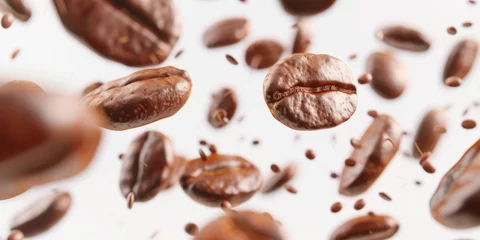 Fotobehang Coffee beans in flight blurred motion effect on white background © inthasone