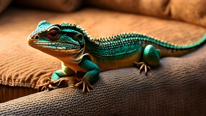 Animal, Lizard, chameleon, green, iguana on a couch - obrazy, fototapety, plakaty