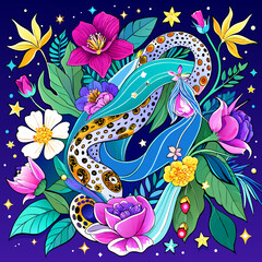 Belted Blooms: A Modern Scarf Design with Vibrant Tropical Flowers, Lush Leaves, Chain