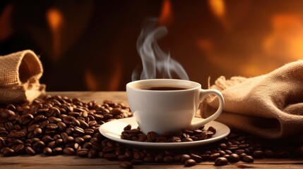 Fototapeta premium Hot coffee in a white coffee cup coffee beans and a coffee bag placed around on a wooden table in a warm,