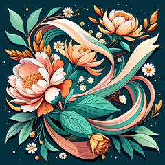 Belted Blooms: A Modern Scarf Design with Vibrant Tropical Flowers, Lush Leaves, Chain