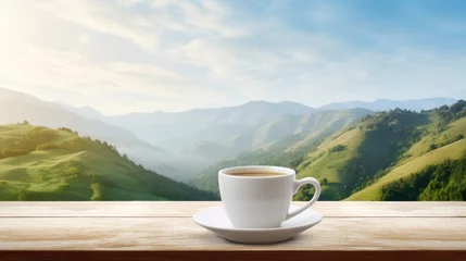 Zelfklevend Fotobehang Hot coffee in a white coffee cup on a wooden table a backdrop of high mountain views in the morning. © inthasone