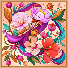 Belted Blooms: A Modern Scarf Design with Vibrant Tropical Flowers, Lush Leaves, Chain