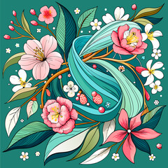 Belted Blooms: A Modern Scarf Design with Vibrant Tropical Flowers, Lush Leaves, Chain