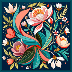 Belted Blooms: A Modern Scarf Design with Vibrant Tropical Flowers, Lush Leaves, Chain