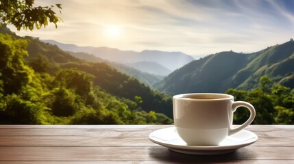 Hot coffee in a white coffee cup on a wooden table a backdrop of high mountain views in the morning. - obrazy, fototapety, plakaty