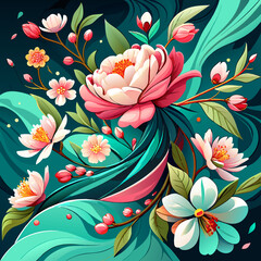 Belted Blooms: A Modern Scarf Design with Vibrant Tropical Flowers, Lush Leaves, Chain