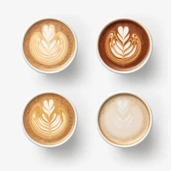 Fotobehang Set of paper takeaway cups of different latte art isolated on a white background, top view © inthasone