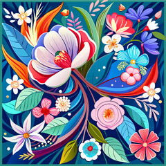 Belted Blooms: A Modern Scarf Design with Vibrant Tropical Flowers, Lush Leaves, Chain